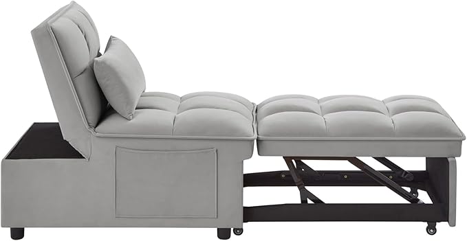 KEIKI Velvet Single Convertible Sleeper Chair Sofa Bed with Adjustable Backrest Pillows &amp Storage Pockets 3 in 1 Pull-Out Couch Chaise Lounge Recliner for Living Room Balcony Bedroom Grey