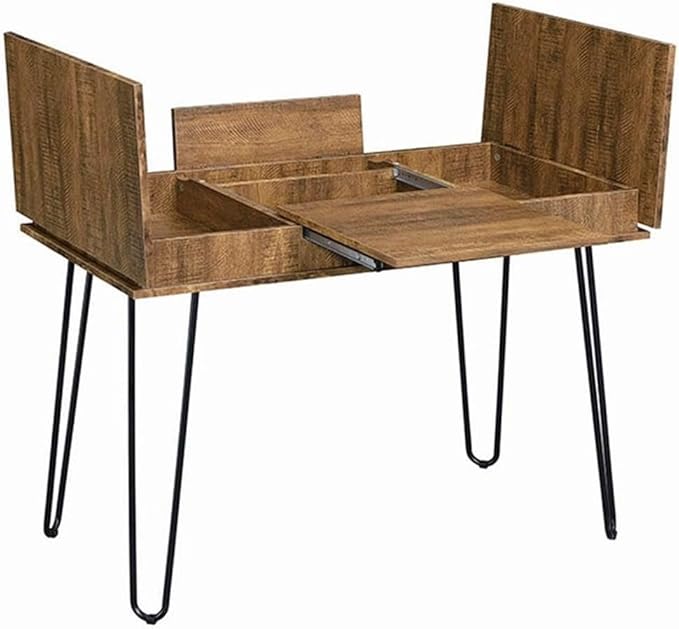 Stonecroft Cabrini Storage Writing Desk 47.25 in Wide Rustic Amber and Black Finish MDF and Metal Construction Built-in Power Outlet 4 Storage Compartments Mid-Century Modern Office Desk