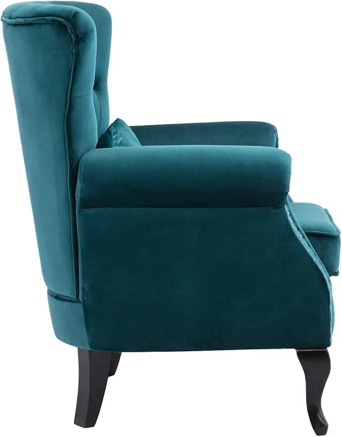 Kmax Velvet Club Chair Tufted Throne Chair Mid Century Accent Wingback Chair Padded Seating Wood Legs Home Club Bedroom Living Room Teal Blue