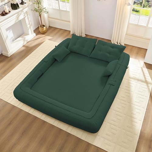 KEIKI 78.7 Foldable Human Dog Bed 3-in-1 Multi-Functional Sleeper Sofa Bed Teddy Fabric Foam-Filled Convertible Floor Couch for Living Room Guest Room Playroom Green