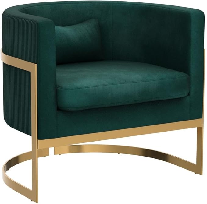Velvet Accent Chair Green Modern Upholstered Barrel Chair Wide Arm Chairs for Living Room Bedroom Club Side Chairs with Gold Legs