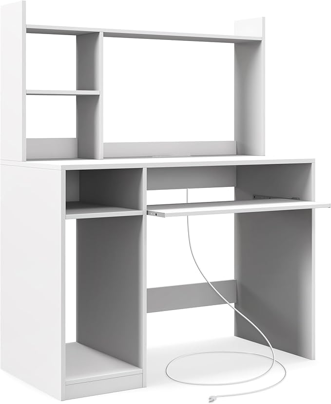 Computer Desk with Power Outlet and Hutch Home Office Workstation with Bookshelf Keyboard Tray &amp CPU Stand Writing Study Table with Storage for Small Space Black/White (White)
