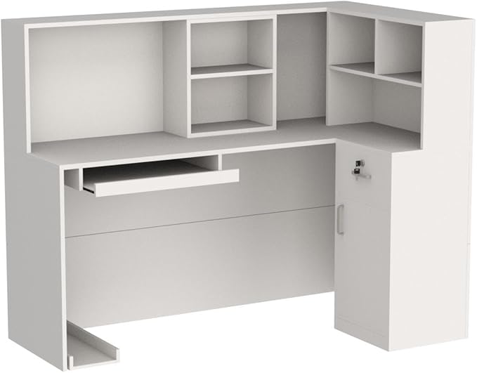 Homsee Reception Desk L-Shaped Office Desk with Counter 1 Door Storage Cabinet 1 Lockable Drawer Hutch Shelf &amp Keyboard Tray White