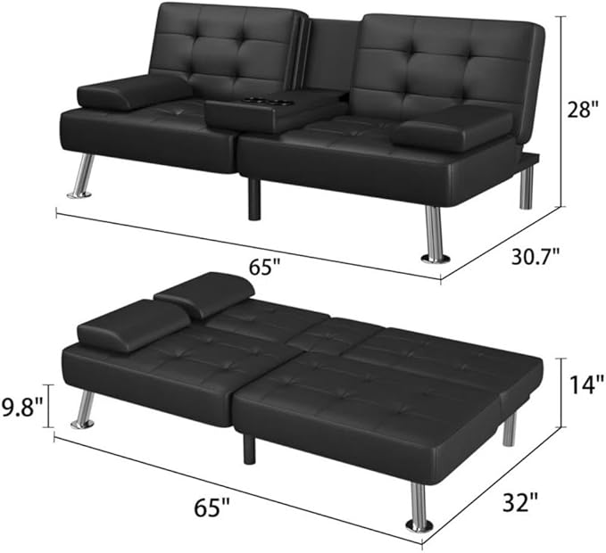 GUNJI Multi-Functional Faux Leather Futon Sofa Bed with Removable Armrests and Adjustable Sleeper Function Double Cup Holder Design Suitable for Living Room
