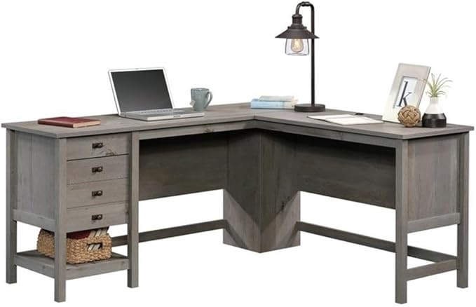 Pemberly Row L-Shaped Farmhouse Computer Desk 65.12 W x 58.66 D Engineered Wood Mystic Oak Finish 2 Drawers with Storage Cord Management Home Office Desk for Work or Study