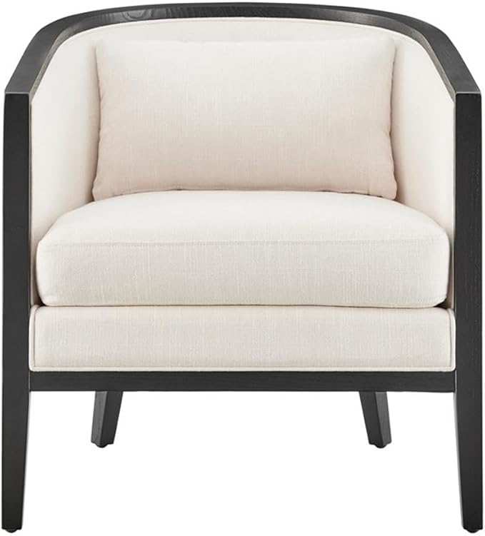 Pemberly Row Accent Arm Chair Rattan Frame with Black Legs Natural Linen Cushion Barrel-Back Design 300 lbs Weight Capacity 28 W x 30 D x 29.5 H Living Room Seating
