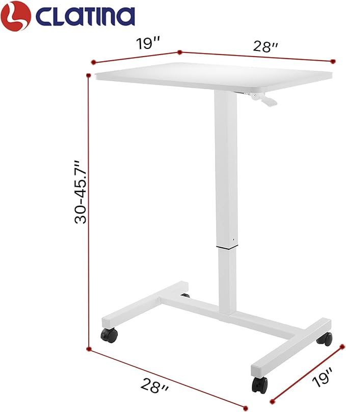 CLATINA Mobile Laptop Standing Desk Pneumatic Stand Table Rolling Adjustable Height Overbed Bedside Table with Lockable Wheels for Home Hospital Office Computer Workstation 28 x 19 Round Edge White