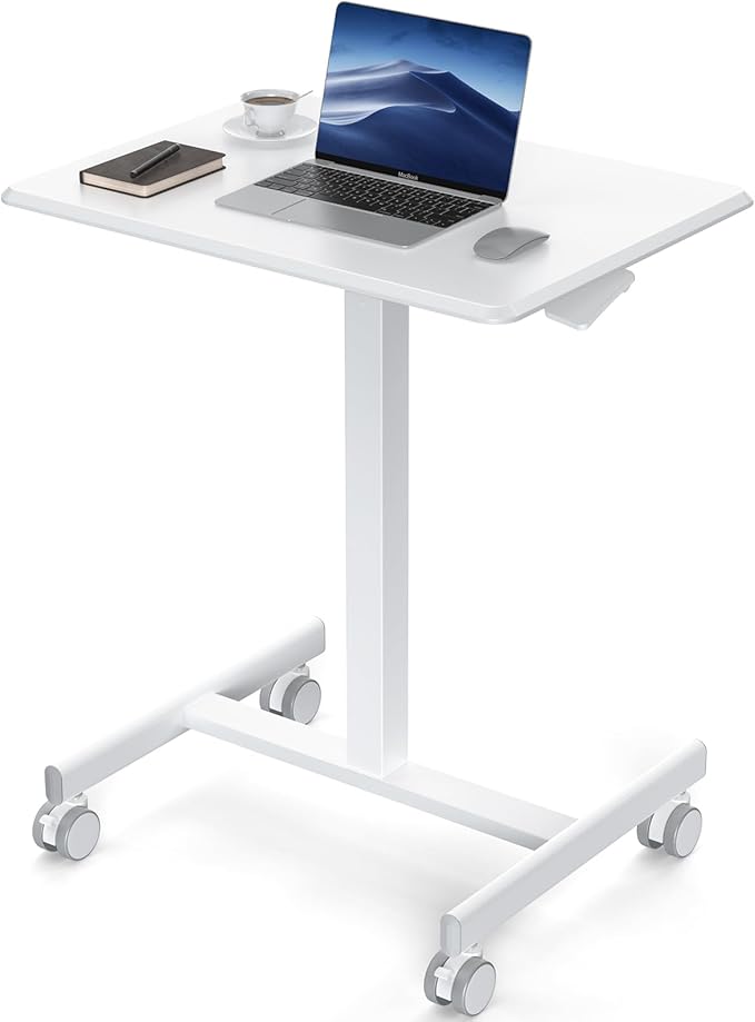Sweetcrispy Small Mobile Rolling Standing Desk - Overbed Table Mobile Portable Rolling Laptop PC Table with Locking Wheels Adjustable Height Computer Workstation for Home Office 19 InchWhite
