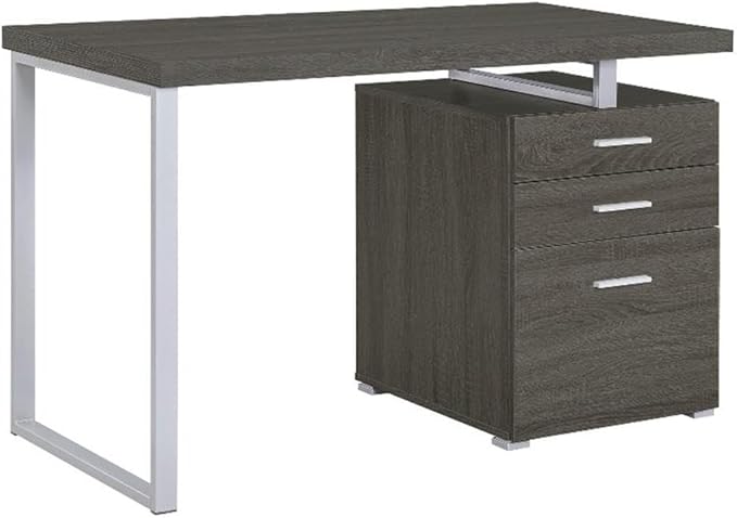 Pemberly Row 3-Drawer Office Desk Weathered Gray Wood and Silver Metal 47.25 W x 23.5 D x 30 H File Cabinet Contemporary Design Sleek Workspace for Home Office or Study Room