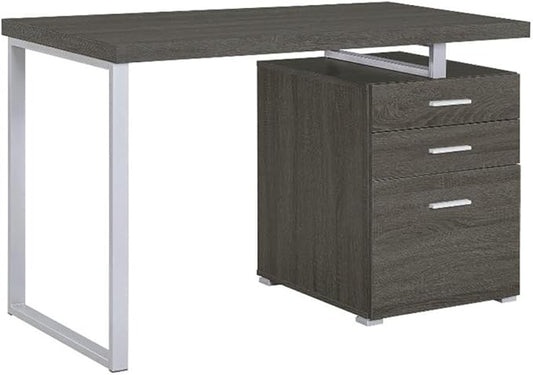 Pemberly Row 3-Drawer Office Desk Weathered Gray Wood and Silver Metal 47.25 W x 23.5 D x 30 H File Cabinet Contemporary Design Sleek Workspace for Home Office or Study Room