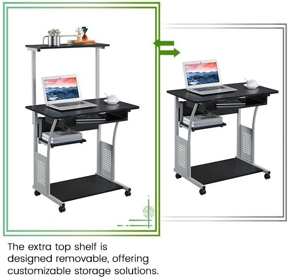 Yaheetech 2 Tier Mobile Computer Desk with Printer Shelf &amp Keyboard Tray Rolling Computer Table for Small Spaces Compact Study Workstation with Wheels Space Saving Black