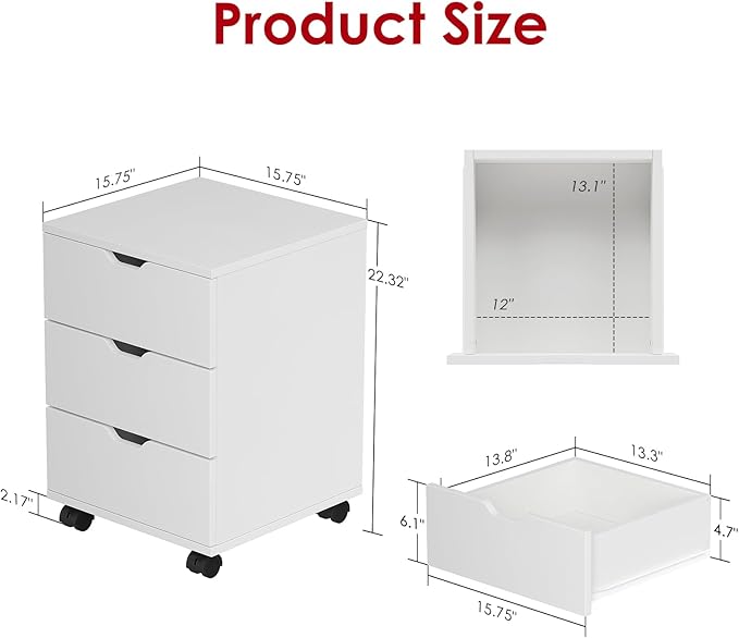 Vertical File Cabinet 3 Drawer Mobile File Cabinet Under Desk Wooden Filing Cabinet Storage Organization Filing Cabinet with Wheels for Home Office (White)