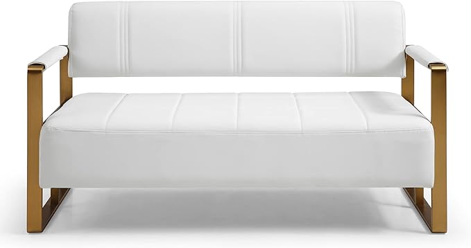Modern Faux Bonded Leather Loveseat Sofa with Golden Metal Arms 2 Seater Sofa Couch Small Love Seats for Office Apartment Living Room (White01)