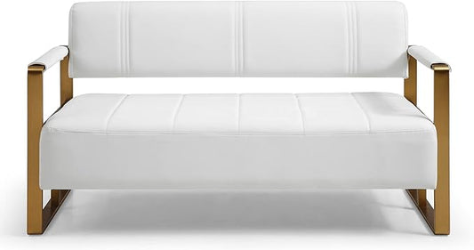 Modern Faux Bonded Leather Loveseat Sofa with Golden Metal Arms 2 Seater Sofa Couch Small Love Seats for Office Apartment Living Room (White01)