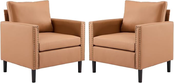 MOJAY Modern Accent Chairs Set of 2 Mid-Century Living Room Chair for Bedroom PU Leather Upholstered Comfy Armchair for Apartment Waiting Room (Brown)
