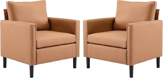 MOJAY Modern Accent Chairs Set of 2 Mid-Century Living Room Chair for Bedroom PU Leather Upholstered Comfy Armchair for Apartment Waiting Room (Brown)
