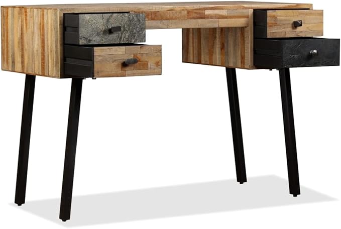 Vintage-Style Writing Computer Desk with 4 Drawers and Metal Legs Home Office Desk Writing Study Table PC Desk Workstation for Bedroom Solid Reclaimed Teak 43.3x19.6x29.9 -AA