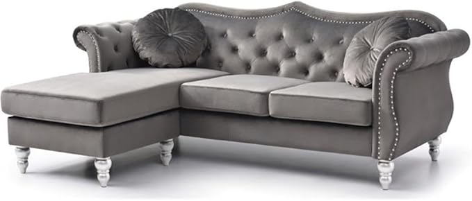 MAKLAINE Modern Velvet Sofa Chaise 81 W x 35 D x 34 H Dark Gray Finish Tufted Back and Arms Hardwood Frame Turned Wood Feet Includes 2 Matching Pillows Living Room Seating for Up to 4