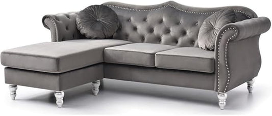 MAKLAINE Modern Velvet Sofa Chaise 81 W x 35 D x 34 H Dark Gray Finish Tufted Back and Arms Hardwood Frame Turned Wood Feet Includes 2 Matching Pillows Living Room Seating for Up to 4