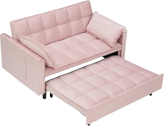 3 in 1 Convertible Sleeper Sofa Bed 55 Pull Out Couches Modern Loveseat Sleeper Sofa with Adjustable Reclining Backrest &amp Side Pockets for Living Room Velvet Fabric Pink