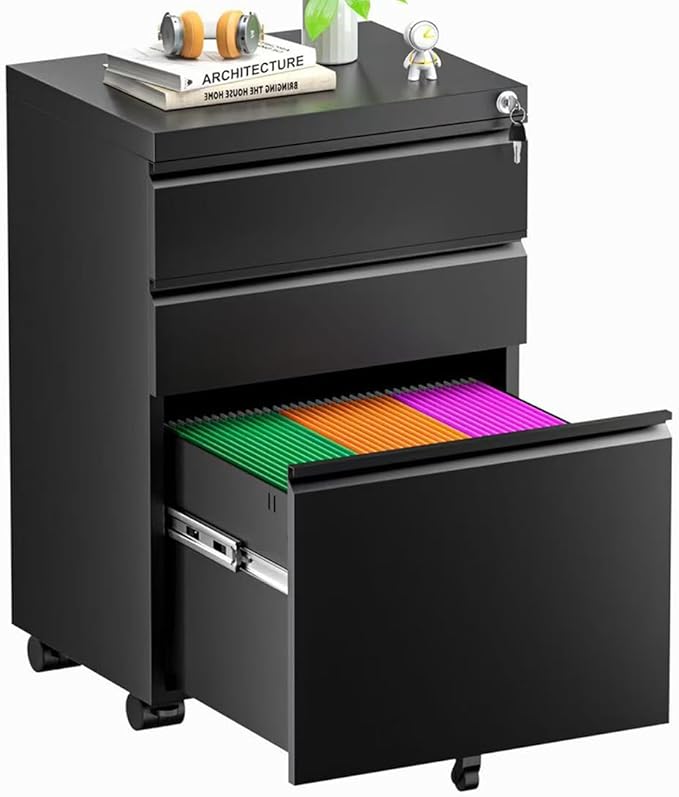 Superday Black File Cabinet 3 Drawer Fully Assemble Metal Rolling Vertical Filing Cabinet with Wheels Small Under Desk File Cabinets for Home Office