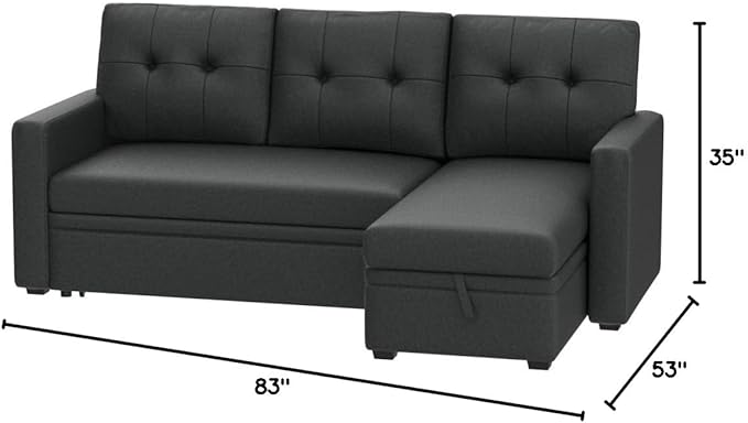 Devion Furniture L-Shaped Polyester Fabric Reversible Easy Convertible Pull-Out Sleeper Sectional Sofa/Storage Chaise with Tufted Back Cushions and Track Arms in Dark Gray