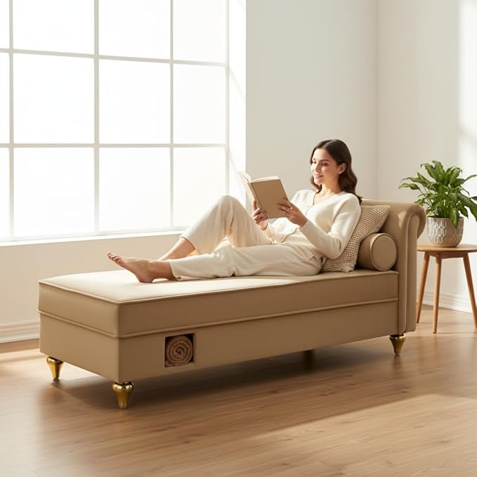 60.6 Modern Storage Chaise Lounge IndoorVelvet Upholstery Sofa Chair with1 Toss PillowsUpholstery Lounge Sofa with Gold Metal Legs for Small ApartmentLiving RoomOfficeReception AreaKhaki