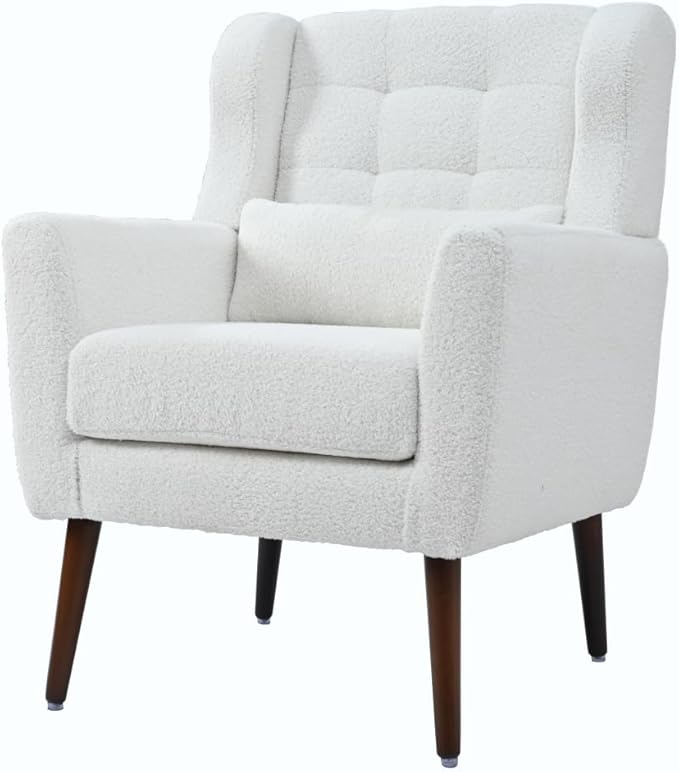 Modern Accent ChairChenille Arm Chairs for Living RoomUpholstered Mordern ArmchairComfy Soft Padded Lounge Chair in Small Space Bedroom w/Pillow Solid Wood Leg (White + Teddy)