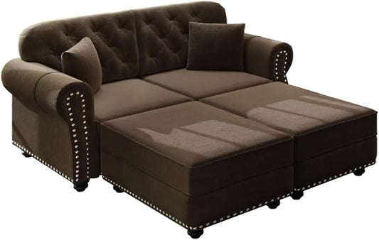 63 Velvet Chesterfield Sofa with Rolled Arms &amp Nailhead Trim Tufted Mid-Century Modern Couch for Living Room Includes 2 Pillows Brown Upholstered Sectional Sofa with 2 Ottomans