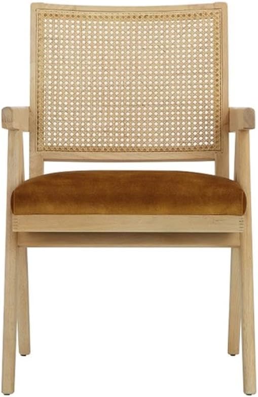 Pemberly Row Contemporary Arm Chair Velvet Gold Linen Blend Fabric Wood Frame Modern Cane Design Fully Assembled Accent Seating for Living Room or Bedroom Seat Height 19.5 Arm Height 25.5