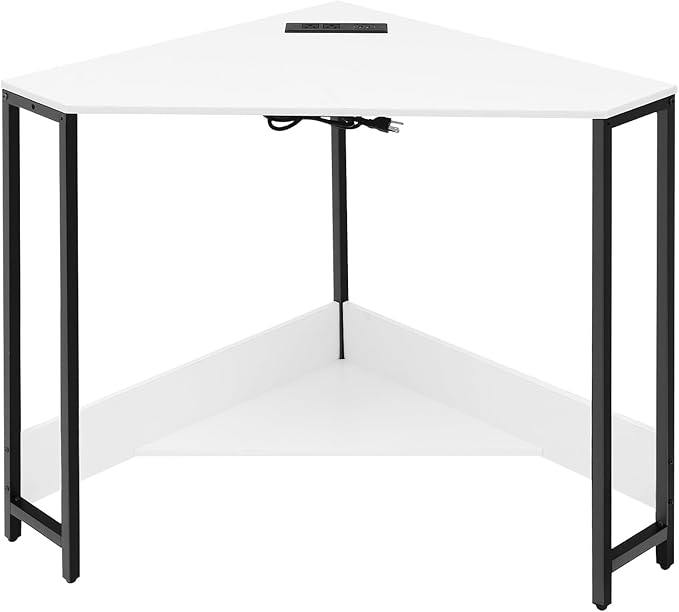 Corner Computer Desk L Shaped Desk with Outlets and USB Ports 90 Degree Triangle Corner Table Compact Home Office Triangle Table for Home Office Bedroom (White)