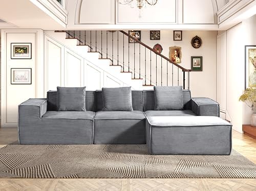 Harper Convertible Corduroy Sectional Couch with Ottoman &amp Pillows Modular L Shaped Sleeper Sofa Boneless Cloud Couch for Living Room Furniture Dark Grey