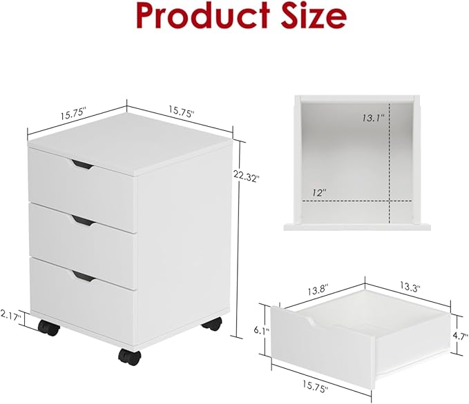 Hassyee 3-Drawer Vertical Filing Cabinet with Compact Storage Solution Rolling Wood Mobile File Cabinets with Four Casters for Home and Office (White)