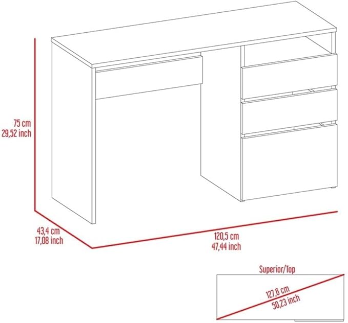 Pemberly Row Computer Desk 47.4 Wx17.1 Dx29.5 H Engineered Wood Black Finish 3 Drawer Design with Cubby Space Compact Modern Style Home Office Desk for Workspace Storage