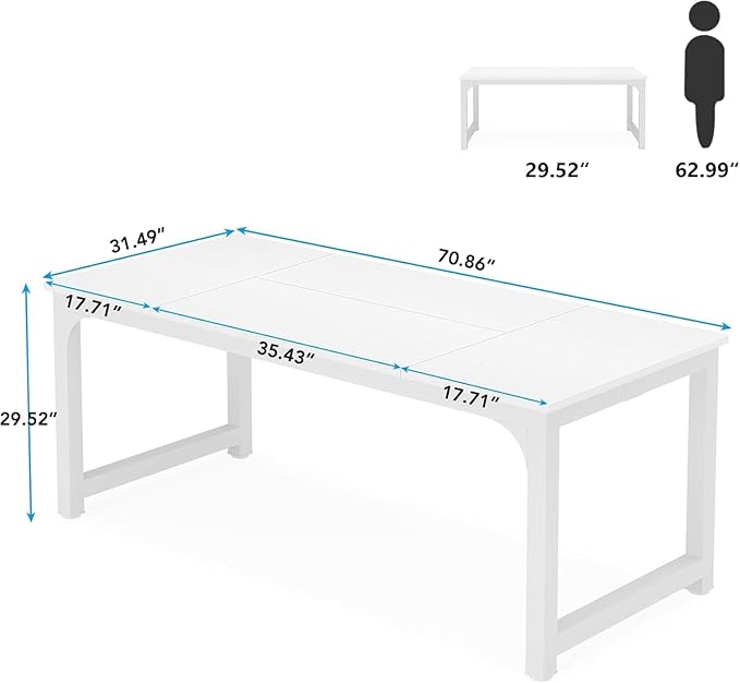 70.8 inch Executive Desk Rustic Office Computer Desk with Thick Metal Frame Vintage Workstation Writing Table Business Furniture for Office Study (White)
