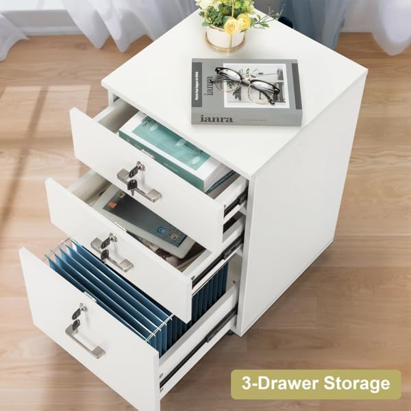 White 3 Drawer Mobile File Cabinet Rolling Document Storage for Home or Professional Office 15.7 L x 15.7 W x 26 H Under Desk Filing Cabinet Rolling Printer Stand with Wheels