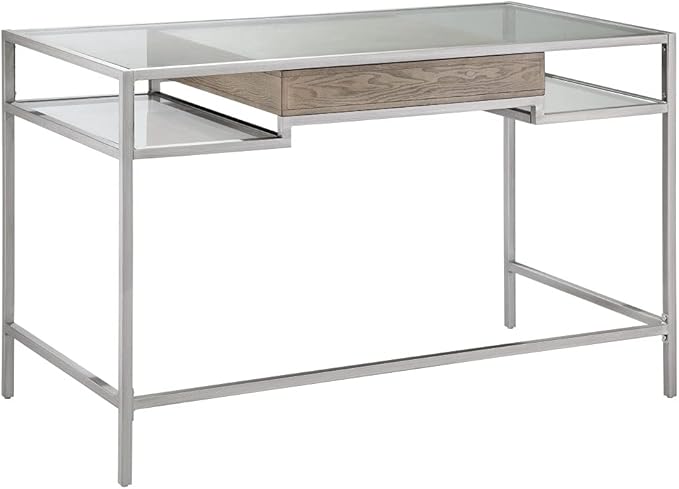 Adela Writing Desk - Silver Metal Tempered Glass Top Compact Home Office