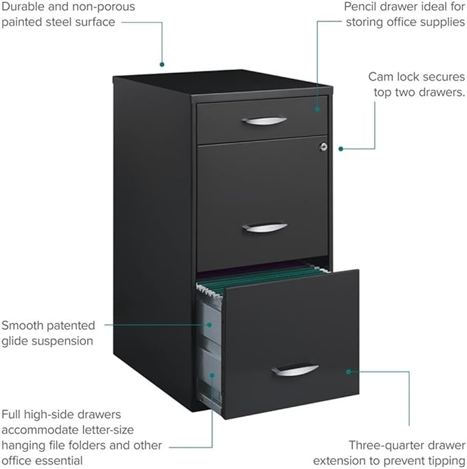 Scranton &amp Co 3-Drawer Metal Filing Cabinet 27.32 H x 14.25 W x 18.00 D Charcoal Finish Lockable Lateral File Cabinet for Home or Office Organization Letter Size Hanging File Storage
