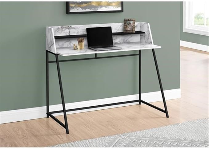 Pemberly Row 48 in Computer Desk White Marble Look Laminate Black Metal Base Hutch with Shelf Contemporary Home Office Laptop or Writing Table Compact Space-Saving Design