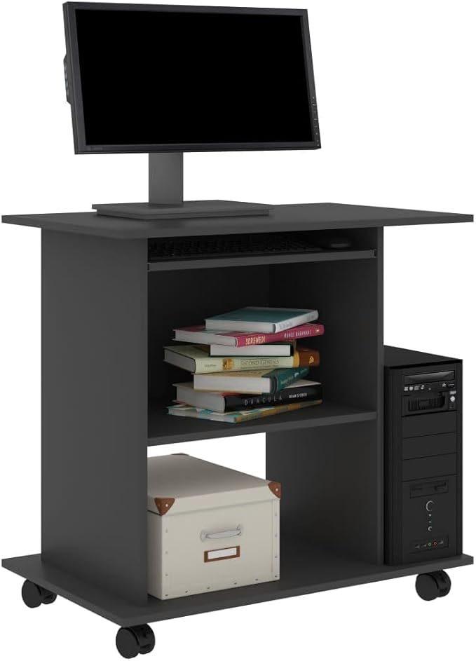 Modern Compact Gray Computer Desk with 3 Shelves and 4 Wheels for Home Office Engineered Wood Small Desk with Ample Storage and Mobility Sleek Design