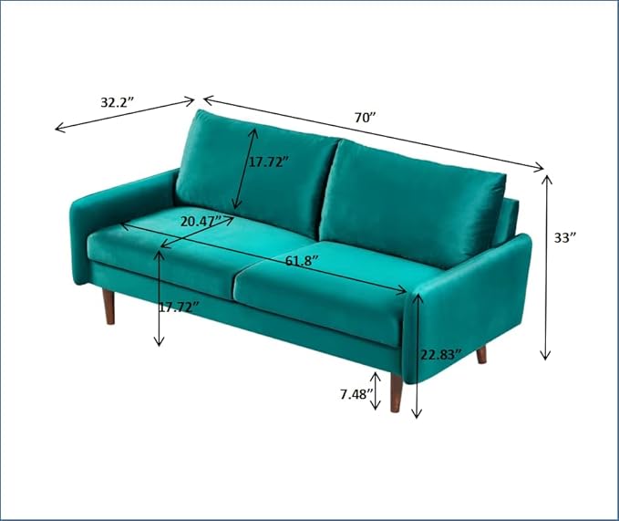 Kent Velvet Sofa for Modern Living Rooms and Compact Spaces Comfy 3 Seater Couch Studio Apartment Furniture with Sleek Design Greenish Blue