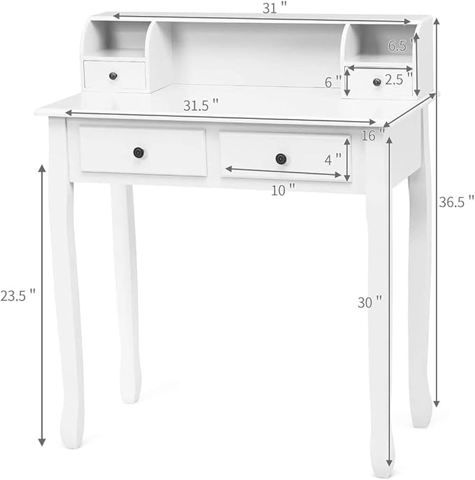 Byroce Small Writing Desk with Removable Hutch 2-Tier Vanity Table with 4 Drawers 3 Cubbies &amp Pine Wood Legs Study Computer Desk for Bedroom Home Office (White)