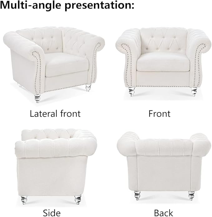 Modern Chesterfield Armchair Fabric Rolled Arm Tufted Back Accent Chairs Upholstery Nailhead Trim for Living Room Office (White)
