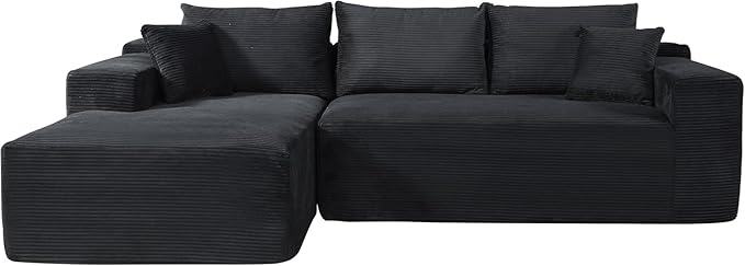 Ridge 2-Piece Convertible Corduroy L-Shaped Sofa in a Box with Pillows 3-Seater Modular Sectional Couch Compressed Living Room Furniture Black (Left Facing)