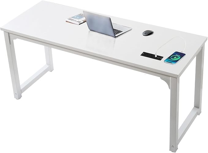 Large Computer Desk - 63 Inch Home Office Desks Study Student Writing Table Gaming Desk Wood Modern Simple Table with USB Ports White