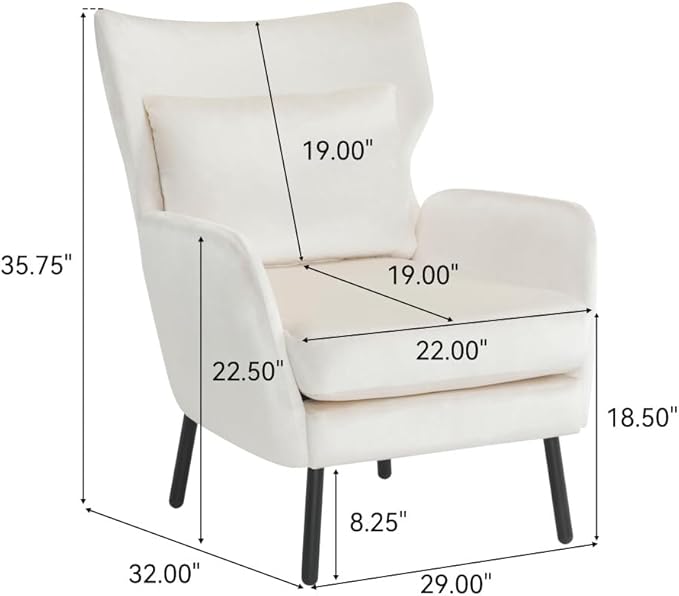 Chair ReclinerWingback Velvet Accent Chair Modern Upholstered Armchair for Living Room Bedroom and Reception Area Comfortable Single Sofa Chair with Metal Legs and Pillow (Beige+Velvet)