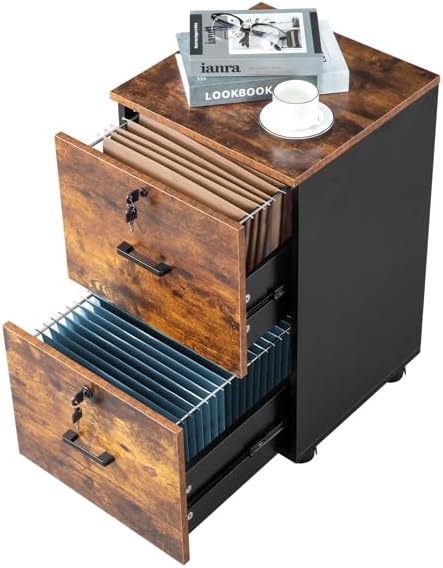 Brown 2 Drawer Mobile File Cabinet Rolling Document Storage for Home or Professional Office 15.7 L x 15.7 W x 26 H Under Desk Filing Cabinet Rolling Printer Stand with Wheels