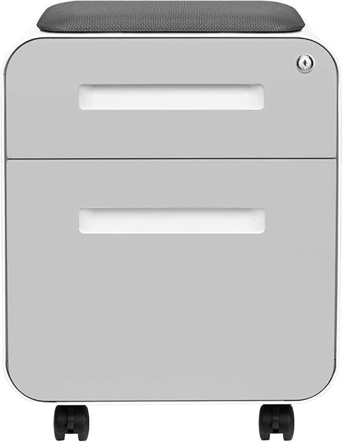 Laura Davidson Furniture STOCKPILE Mini Seated 2 Drawer Mobile File Cabinet with Removable Magnetic Cushion Seat - Short Version Metal Filing Cabinet Pre-Assembled Light Grey Face with Grey Cushion