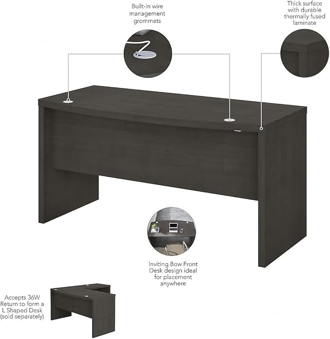 Bush Business Furniture Bow Front Desk with Wire Management | Echo Collection Office Computer Table for Home Office with Quick-to-Assemble Hardware | 60Wx28Lx30H