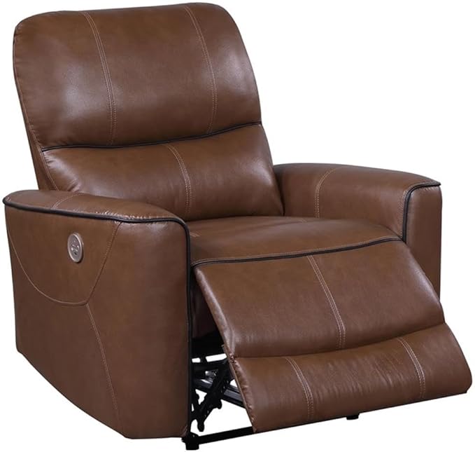 Pemberly Row Modern Faux Leather Power Recliner Chair Saddle Brown 39.75 H x 36.5 W x 37 D Foam Cushions USB Port Power Recline Comfortable Living Room Seating